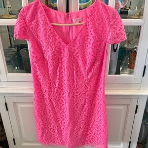 Bright Pink Lace V-Neck Shift Dress